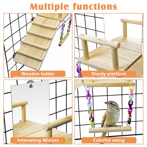 BNOSDM Bird Perch Platform with Mirror, Wooden Climbing Ladder for Parakeet, Small Bird Swing Toys Parrot Cage Accessories Budgie Playground for Cockatiel, Lovebirds, Conures, Finch - color: 4in1 Bird Perch Platform