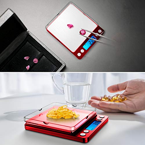 AMIR Upgraded Digital Kitchen Scale, 500g Mini Pocket Jewelry Scale, Cooking Food Scale with Back-Lit LCD Display, 2 Trays, 6 Units, Auto Off, Tare, Stainless Steel (Batteries Included) - color: Red