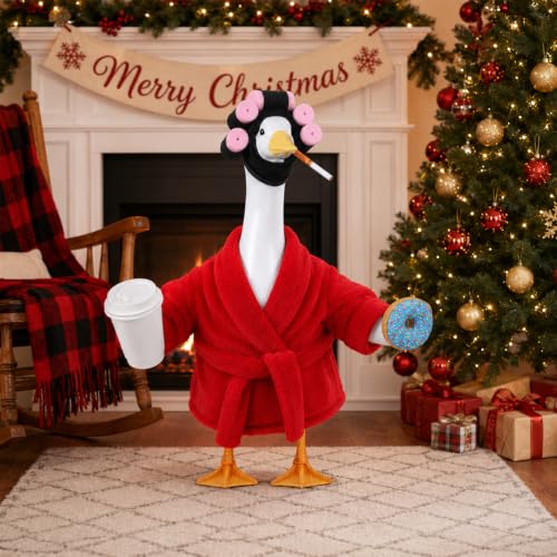 Old Lady Porch Goose Outfits 23 in Bathrobe Lawn Goose Costume Set Red | 23 Inch, for Porch Goose Cement or Plastic Statue, with Curlers Hat Coffee Cup Donut, Lawn Yard Garden Patio Decor - style: Bathrobe Red