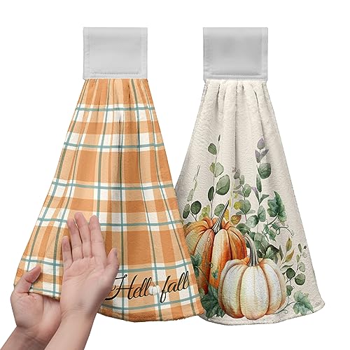 Fall Autumn Hanging Kitchen Towels Thanksgiving Pumpkin Hand Towel with Hanging Loop Vintage Checkered Plaid Dish Towels Soft Absorbent Fingertip Bath Tie Towel for Bathroom Decorative Set of 2 - color: Fall Pumpkin