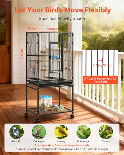 VEVOR Bird Cage, 24.6 x 16.7 x 53.9 inch, Flat Top, Wrought Iron Bird Flight Cage with Perches, Slide-Out Tray and Plastic Feeders, Casters, for Parrot, Blue Tit, Cockatiel, Canary, Budgerigar, Conure - size: 24.6"L x 16.7"W x 53.9"H