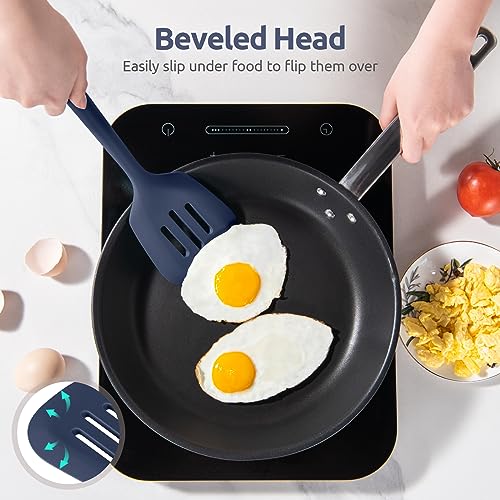 U-Taste Silicone Turner Spatula Set of 2, 13.6"Long/3.7"Wide, Midnight Blue | 600ºF Heat Resistant Food Grade Silicone Cooking Utensils Set, Wide Large Solid & Slotted Turner Pancake Egg Flipper - color: Midnight Blue