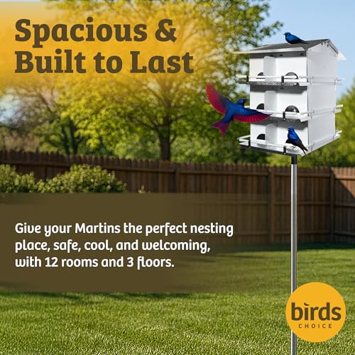 Birds Choice Premium Aluminum Purple Martin House – 12 Room, 3 Floor Birdhouse with Starling Resistant Entrance Holes, Ventilated Roof & Easy Cleaning, Unassembled | Starling Resistant Entrance Holes, Ventilated Roof for Cooler Nests, Easy Cleaning Access