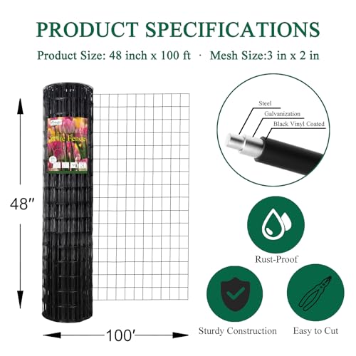 Black PVC Coated Welded Wire Fence 48" x 100' Roll, 2"x3" Mesh, 16 Gauge | Vinyl Coated Garden Fencing, Yard & Pet Barrier, Chicken Wire Fencing, Dog Enclosure Mesh, Vegetable Plant Protector - color: Black, size: 2''x3'' 16GA 48''x100'