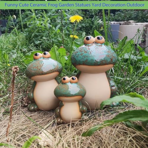Ceramic Frog Garden Decor Set of 3 - Funny Cute Frog Lawn Ornaments, Outdoor Pond Patio Statues for Yard, Front Porch, Backyard Decor (Dad, Mom & Baby Frogs)