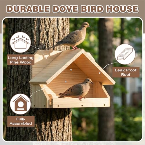 Briwooody Wooden Open Mourning Dove Nesting Box for Outside Dove Bird House 14 H x 10 W x 5.3 L Inches Bird Nesting and Roosting Platform Hanging Birdhouse Garden Decoration (Triangular Roof, Brown) - style: Triangular Roof