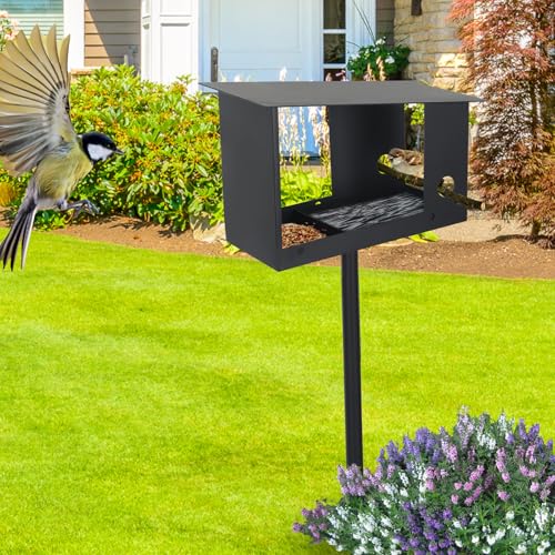3-in-1 Metal Bird Feeder with Pole 59in High Weatherproof Wild Bird Feeding Station with Birdseed Area Removable Water Tray Custom Perch Ground-Mounted Bird Feeder for Small Birds Sparrow Tit Robin