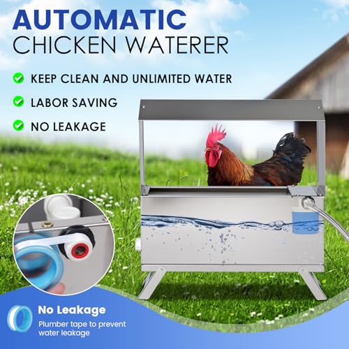 1.6 Gal Automatic Chicken Waterer with Float Valve Kit and Bottom Bracket | Stainless Steel Poultry Waterer Dispenser No Leaks Chicken Coop Accessories for Hen Duck Goose Turkeys