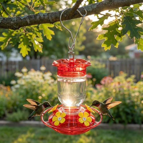 Hummingbird Feeders for Outdoors 2 Pack 12oz Plastic Leakproof | Wide Mouth Easy Clean, Clear Bottle, 5 Feeding Ports, Detachable Base, Weatherproof Hook, Compact for Small Yards