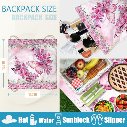 Pink Butterfly Beach Towel Bag - Summer Multi-Functional Microfiber Picnic Blanket Flower Printed Drawstring Bag for Travel - color: Love Butterfly Pink