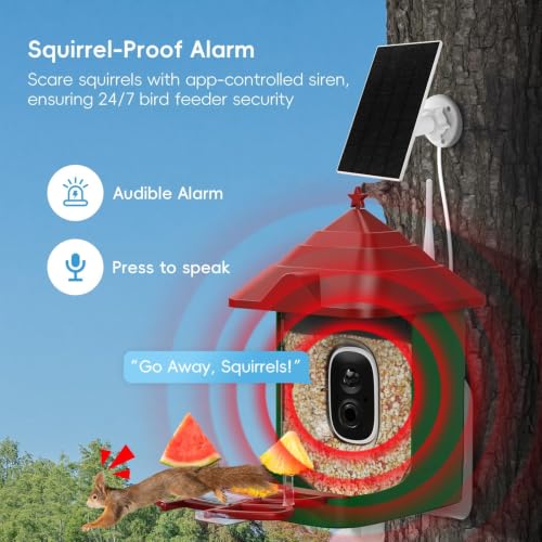 Smart Bird Feeder with Camera, Solar Panel & 5200mAh Battery, 4K HD Video, AI Identification, Instant Arrival Alerts & Alarm, IP65 Weatherproof, 32GB Card, 2L Capacity, for Bird Lover - color: Red Green