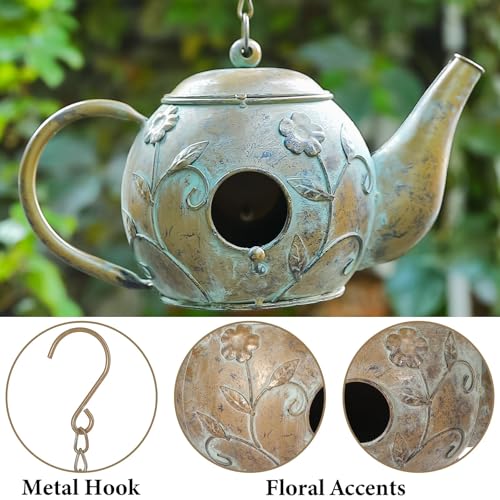 Bird House, Teapot Hanging Bird House, Metal Bird Houses for Outside, Antique Cute Birdhouse, Unique Decorative Birdhouses for Outdoors Garden Patio Yard Lawn Backyard Decor - color: antique