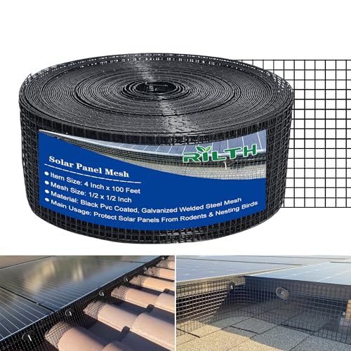 4in X 100ft Critter Guard for Solar Panels, 1/2inch PVC Coated Solar Panel Guard, Wire Mesh Roll Kit for Solar Panels, Black Pigeon Barrier Netting (Only Solar Panel Mesh, No Clips) - size: 1/2inch x 4in X 100ft