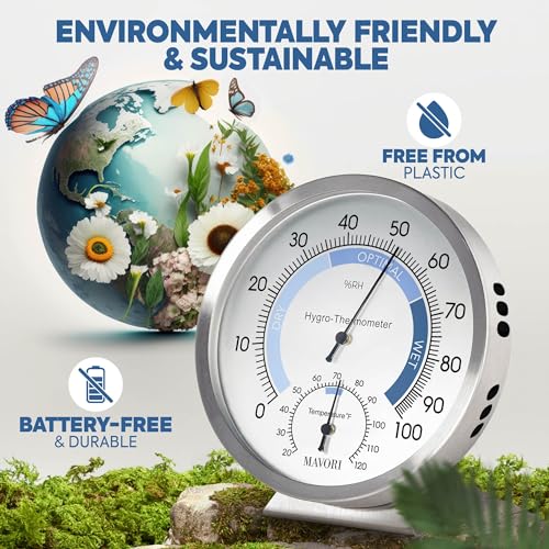 Analog Hygrometer – Thermometer Hygrometer for Indoor – Premium Stainless Steel Humidity Gauge Indicator – Temperature and Humidity Monitor – Battery Free Operation – Ø 12.5 cm