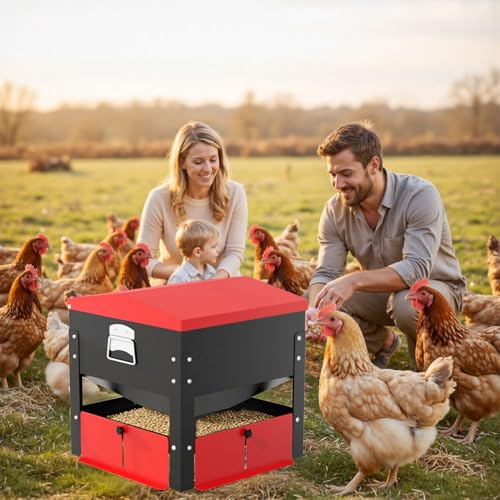 Portable Metal Chicken Feeder, Freestanding Chicken Feeder with Top-Sloped Waterproof Lid, No Waste Gravity Poultry Feeder for Hens and Ducks, 80 lbs Large Capacity