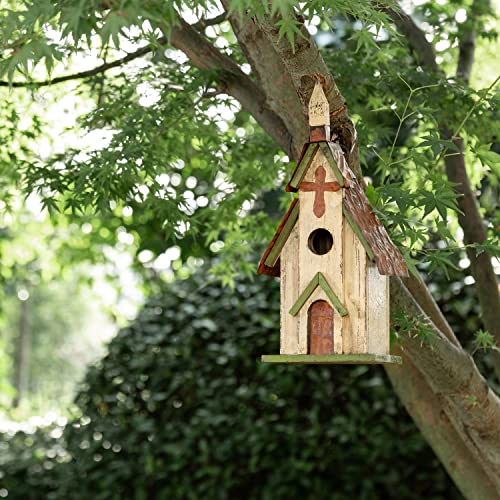 Glitzhome 14" H Hanging Distressed Wooden Church Birdhouse Garden Decor - color: 14"H