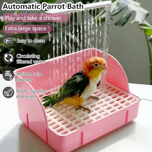 Automatic Parakeet Bird Bath with Pump,Parrot Shower Bathtub (Pink) | Circulating Water System Large Bird Fountain Bath Bathing Tub for Budgie Cockatiel Lovebird Conure - color: Pink