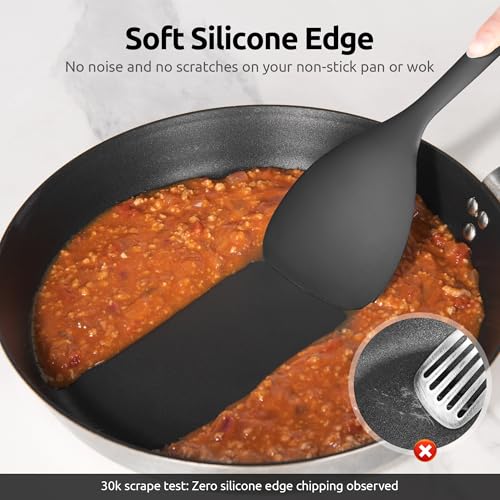 U-Taste 600ºF Heat Resistant 13.6in Long Solid & Slotted Silicone Turner and 600ºF Heat Resistant 13.76" Long, 3.63" Wide Wok Spatula for Kitchen Stir Fry (Black)