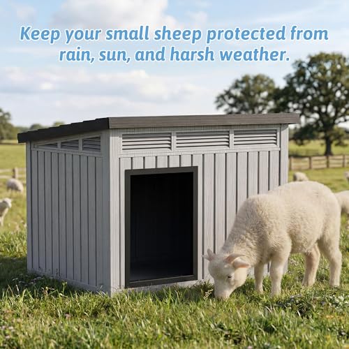 DRATO Goat House, Weather Resistant Resin Dog Houses with Sloped Roof & Louvered Ventilation, Outdoor Small Animal Shelter for Goats and Pets, Easy Assemble, Grey - color: Grey, size: 32.2*25.12*24.13