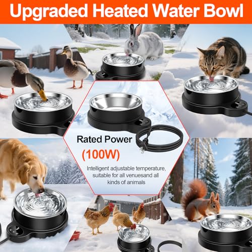 Heated Water Bowl for Dog Cat,Outdoor Heated Pet Bowl Food Bowl with 3 Temperature Settings & 12H Timer,50 oz Removable Stainless Steel Bowl,79" Anti-Chew Cord,for Dogs Cats Chickens Ducks Birds