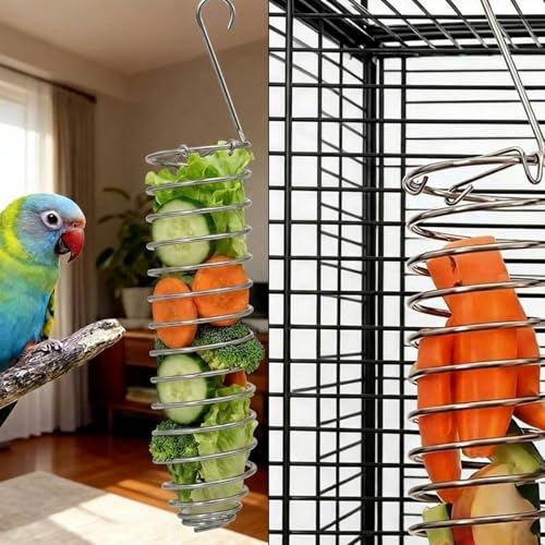 2 Pcs Spray Millet Treat Holder with Chains, Stainless Steel Bird Foraging Feeder Toy, Hanging Fruit Vegetable Basket for Parakeet Cockatiel Conure Macaw Parrot Cage Accessories (4-Pack Set)