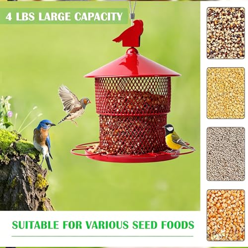 Squirrel Proof Bird Feeder for Outdoors, 4 Lbs Large Capacity Metal Mesh Wild Bird Feeders, Hanging Birdfeeder for Outside Finch, Cardinal, Chickadees, Blue Jay, Red