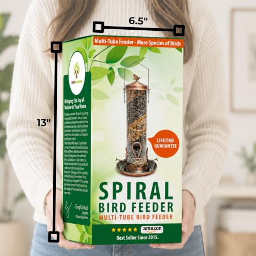 2 in 1 Spiral Bird Feeder, Hanging Bird Feeders for Outdoors, Copper Tube | finch feeders for outside, cardinal and blue jay magnet, copper metal tube bird feeder, two seed chambers, rain proof top