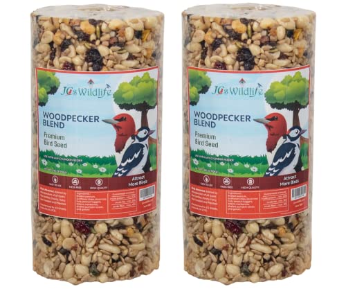JCs Wildlife Woodpecker Blend Bird Seed Cylinder with Hole, Peanuts Pecans Pumpkin Seeds Berries, No Filler Wild Bird Food for Outside Feeders, Made in the USA, 1 Count (Pack of 2) - size: 1 Count (Pack of 2)