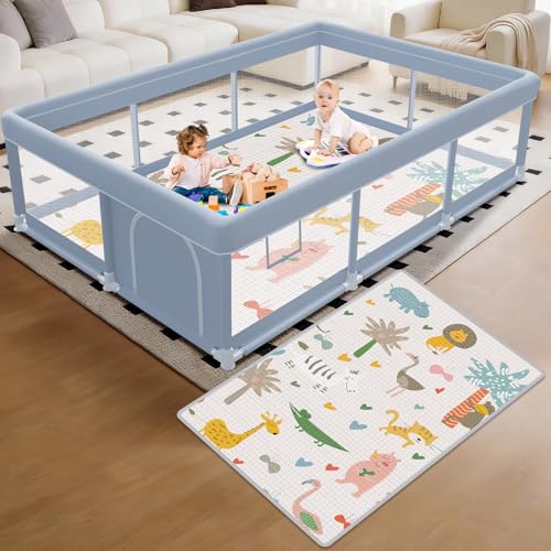 XVISHX 74 x 50 Inch Baby Playpen with Mat, Playpen for Babies and Toddlers, Baby Playard for Indoor & Outdoor Active Center Game Fence, with Skin-Friendly Fabric and Soft Breathable Mesh, Grey - size: 74 × 50 Inch With MAT