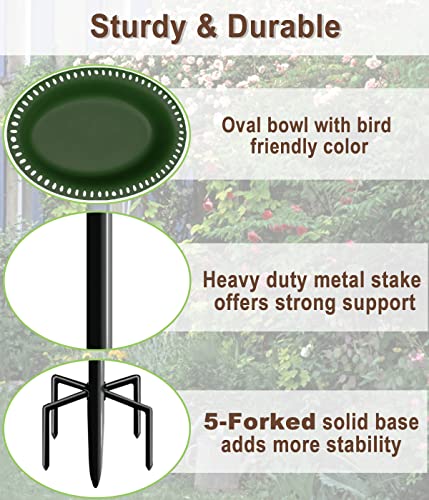 Garbuildman Upgraded 5-Prong Base Bird Bath with Metal Stake, Detachable Decoration Bowl Spa & Freestanding Birdfeeder for Outdoor Garden, Oval Style, Green - size: 1-¼ gal-Green