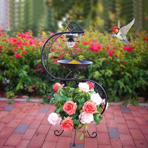 Bird Baths for Outside with Solar Lights, 36" Black Metal Birdbaths for Outdoors, Antique Bird Feeders with Flower Planter Pedestal for Garden, Yard, Patio Decor - color: Black