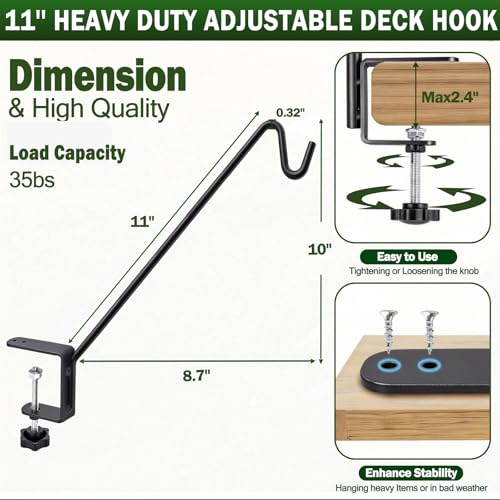 11 Inch Deck Railing Plant Hanger 2 PCS, Deck Hooks for Railing | Heavy Duty Solid Iron Shepherds Hook, For Deck Railing & Bird Feeders Outdoors, Stable Plant Hanger Bracket for Balcony,Porch - size: 11Inch -2PCS