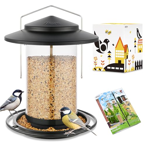 iBorn Metal Bird Feeders for Outdoors Hanging,Wild Bird Feeders for Cardinal,18cm Large Roof&Tray Black 6 Port (Seed is not Included) - color: Black,2.2LB,6Port
