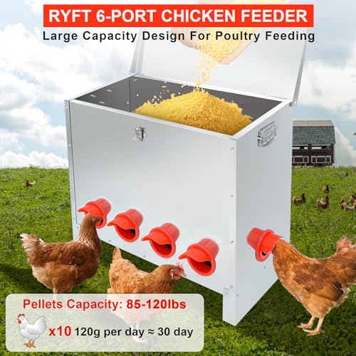 RYFT 85 Pounds Automatic Chicken Feeder 6-Port, Large Capacity Galvanized Metal Fed Chicken with Latch & Handle for Chickens, Pheasants, Bantams Poultry Coop Weatherproof Chicken Feeder