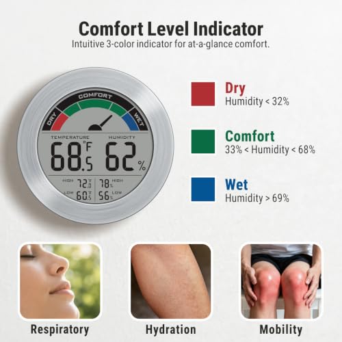 Digital Hygrometer Indoor Thermometer, Brushed Metal Frame, Silver | Large round display, clear digits, accurate readings, comfort gauge, humidity meter, room temperature and humidity monitor - color: Silver Stainless