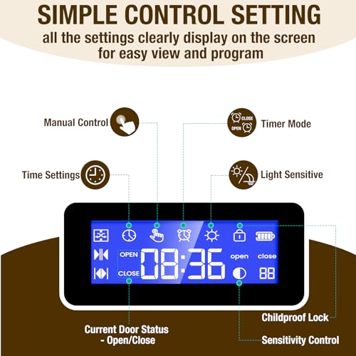 Automatic Chicken Door Easy Program 3 Modes - Manual, Timer and Light Sensor Anti-Pinch Auto Opening and Closing Chicken Coop Door Powered by Battery/DC(Brown)