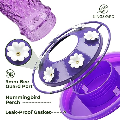 Kingsyard 2 Pack Glass Hummingbird Feeder for Outdoors with Ant Moat | 24 oz, Wide-Mouth Opening, 6 Metal Feeding Ports, Bee Guard, Easy to Clean & Refill Nectar, 360 Degree Perch, Pink & Purple - color: Pink & Purple