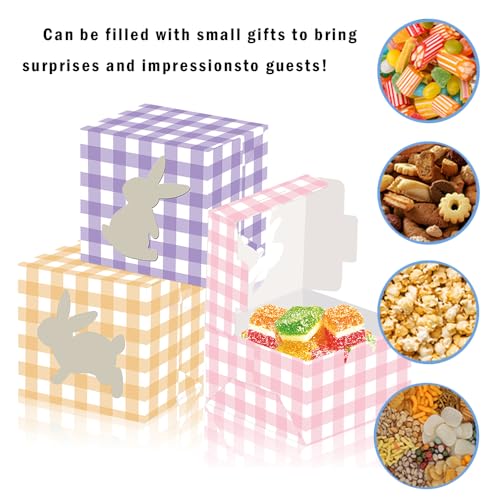 L7HWDP 12Pcs Easter Treat Boxes Plaid Cardboard Box with Rabbit Bunny Shape Window Spring Colorful Checked Candy Gift Paper Box Easter Containers