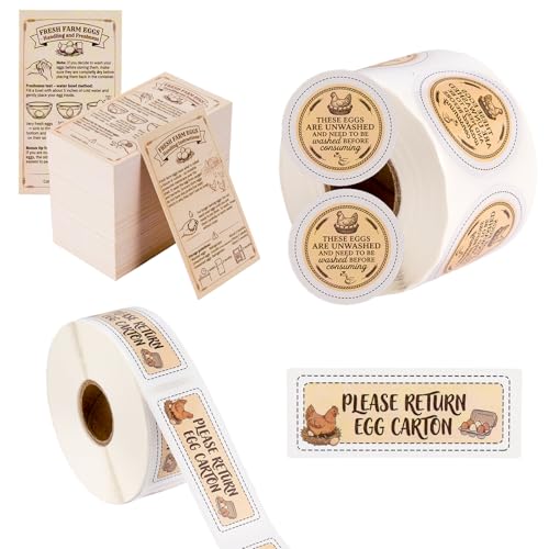 3-in-1 Fresh Farm Egg Packaging Set, 1200Pcs: 500 "Please Return Carton Stickers, 200 Egg Handling Cards, 500 "Eggs Unwashed Stickers – for Egg Farmers & Homesteaders