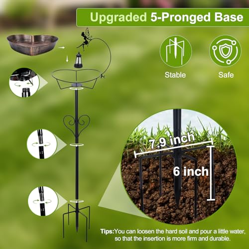 Solar Metal Heart Bird Bath for Outside, 48"H 14"Dia Removable Bowl,3.5 D | Upgraded 5-Pronged Base with Removable Vintage Freestanding Bowl , Birdbaths for Garden Yard Lawn Decor Gifts for Mom