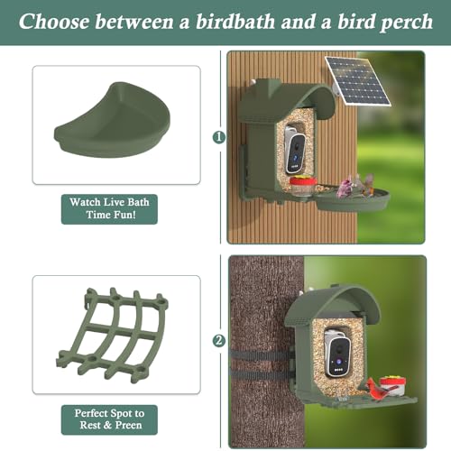 Bird Feeder with Camera, 3K Smart Bird Camera with AI Identification & Bird Bath, Solar Powered Wireless Outdoor Bird House with Spill-Proof Net, Ideal Backyard Watching Gift to Bird Lovers - color: Navy Green