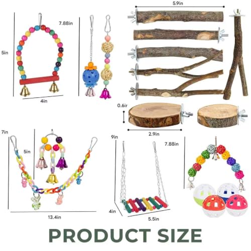 Natural Bird Toys and Wood Perches Set, Essential Parrot Cage Accessories with Hanging Swings, Stands and Shreddable Foraging Toys for Parakeets, Cockatiels, Budgies (20 Pack) - size: 20 Pack
