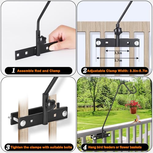 2 Pack 13.5 Inch Deck Hooks for Vertical Railing, Adjustable Deck Bird Feeder Hanger for Hanging Lanterns, Wind Chimes, Flower Baskets, Suet Feeders - size: 13.5 Inch