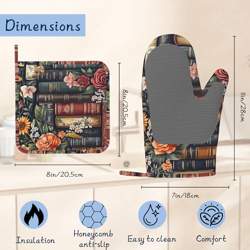 Retro Books Pot Holders and Oven Mitts,Vintage Flowers Oven Mitts Heat Resistant Cotton Lining Anti-Slip Silicone Kitchen Mitts Set Hot Pads for Microwaves Cooking Baking Grilling - color: Retro Books