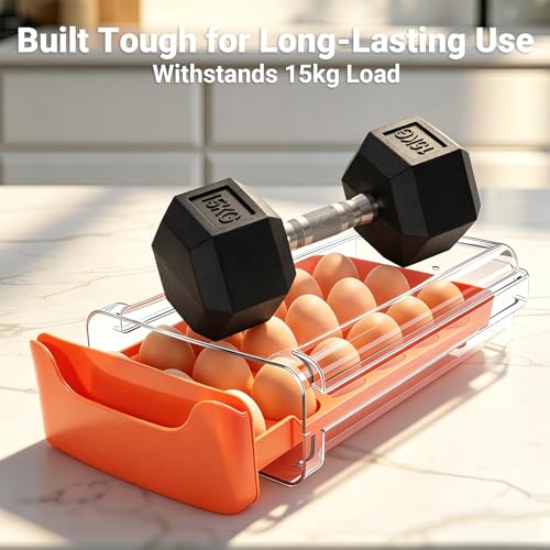 Egg-Holder for Fridge, Fits Small to Large Eggs, Orange | 18 Egg-Storage for Refrigerator Countertop, 1 Tier Dispenser with Drawer, Stackable Clear Egg Tray Container - size: 1 Tier-Orange