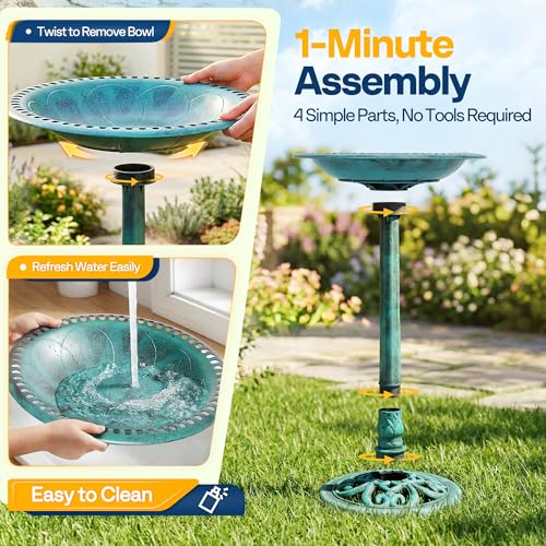 VIVOHOME Bird Bath with Solar Fountain for Outside, Pedestal, Green | Solar-Powered Pump, Weather-Resistant Polyresin, 20-Inch Bowl, for Outdoor/Garden, Bird-Friendly, Easy to Clean - color: Green
