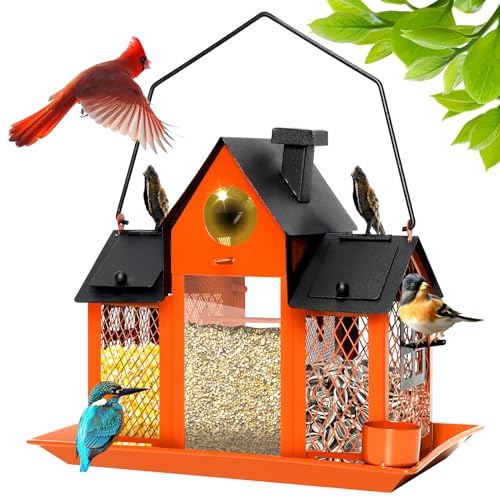 Solar Bird Feeders for Outdoors Hanging, Bird Houses for Outside | Orange,Wild Metal Bird Feeder,7LBS Large Capacity with Water Cup,Squirrel Proof Cardinal Bird feeder,Gift for Bird Lovers - color: Orange