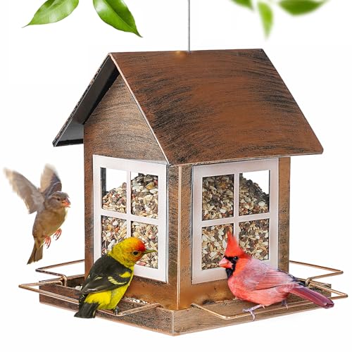 Bird Feeder, Waterproof Bird Feeders for Outdoor Hanging | Heavy Duty Metal, 3LB Large Capacity, 4 Perches, Drain Holes, For Outside Garden Yard Country Hanging, House Shape - size: Standard