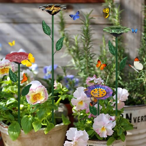 dreamysoul 4 Pack Bee Watering Station, Bee Waterer for Honey Bee & Butterfly, Metal Bee Bath with Flower Design for Garden Yard - color: Colorful-e