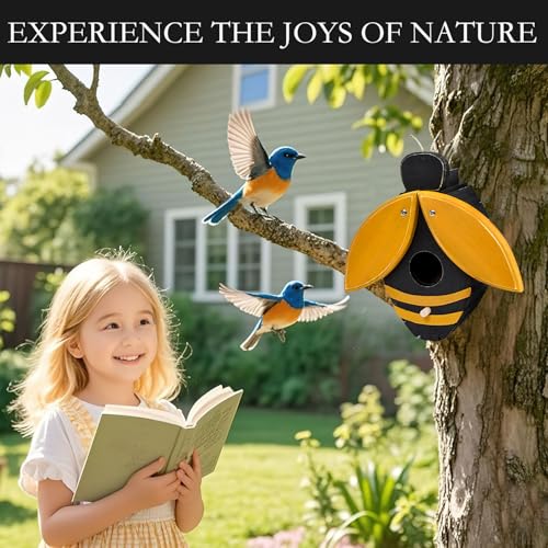 Bee Shaped Wooden Birdhouse - Handmade Bird Houses for Outside - Cute Bee Design for Garden Decoration
